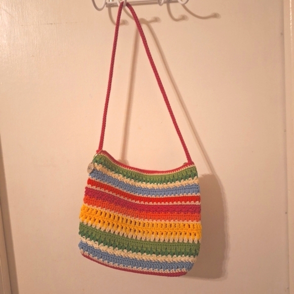 Vintage The Sak Multi Color Striped Crocheted Crossbody Purse Zipper Boho Chic - Picture 2 of 5